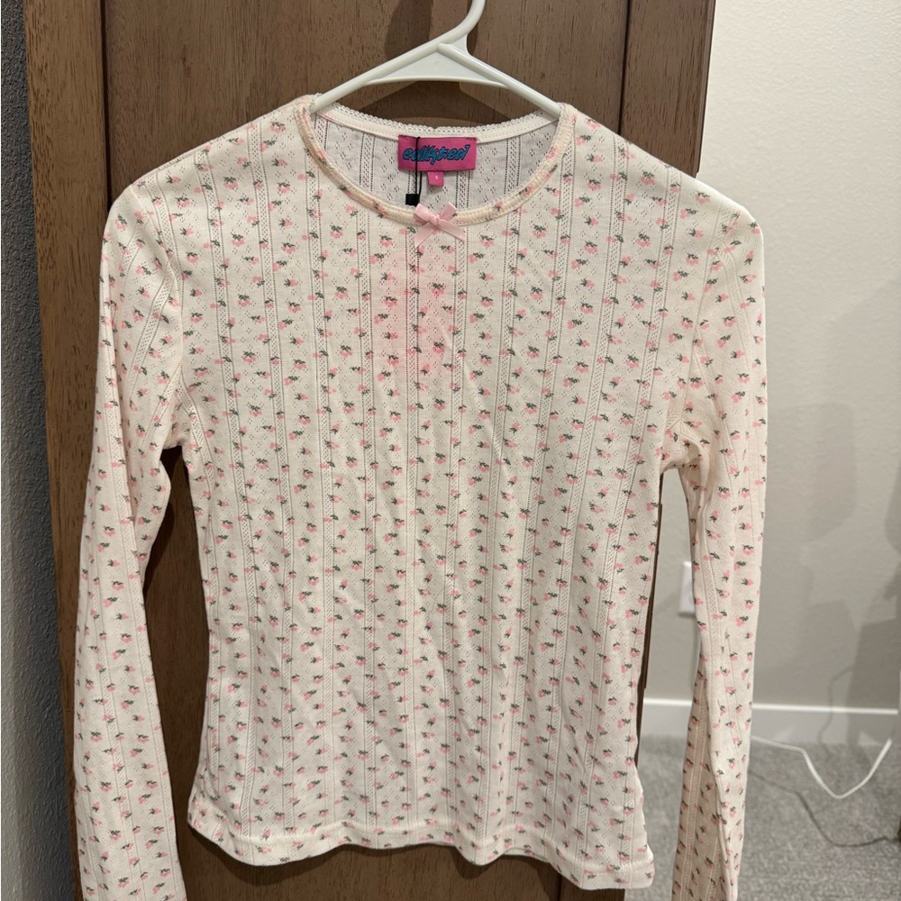 Edikted Cream Long Sleeve Tee with Floral Print